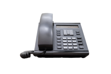 Landline ip phone stands in the office, isolated on a white background.