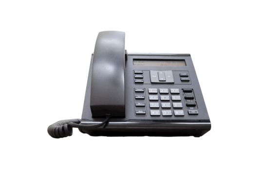 Landline ip phone stands in the office, isolated on a white background.