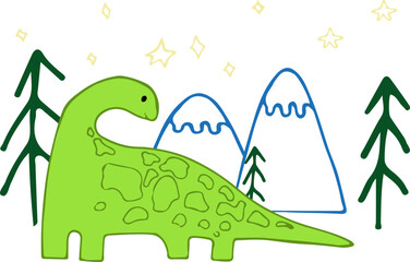 cute vector doodle illustration of a dinosaur on a mountain background