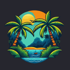 Fototapeta na wymiar Tropical Island Beach Logo Vintage Surf Badge Illustration