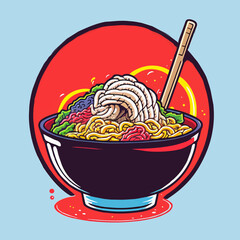 Japanese Ramen noodles Bowl Cartoon Illustration for mascot logo or sticker