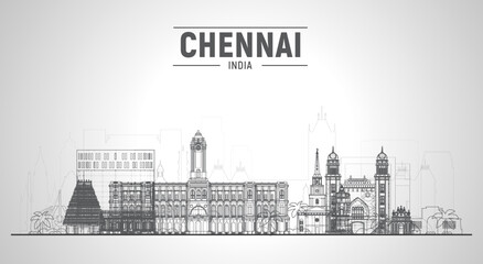 Chennai ( India ) line skyline with panorama in white background. Vector Illustration. Business travel and tourism concept with modern buildings. Image for presentation, banner, placard, and website. - obrazy, fototapety, plakaty