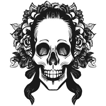 female skull tattoo ideas hand drawn vector black and white clip art
