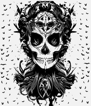 female sugar skull drawing hand drawn vector black and white clip art