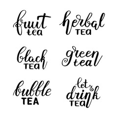 Set of handwritten lettering quote with tea phrase. Vector hand drawn calligraphy type