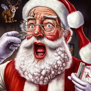 Horror, zombie gory santa claus cartoon with blood and flesh on his beard, insane and offensive, disgusting