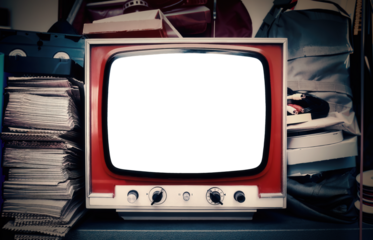 An old CRT TV set inside a dark storage room, with VHS tapes and paper. Blank cutout screen.
