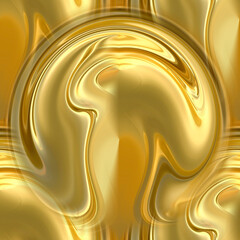 Seamless background with a golden round figure on a yellow background. An abstraction made of liquid gold. Rounded textures with sinuous lines. 3D image.
