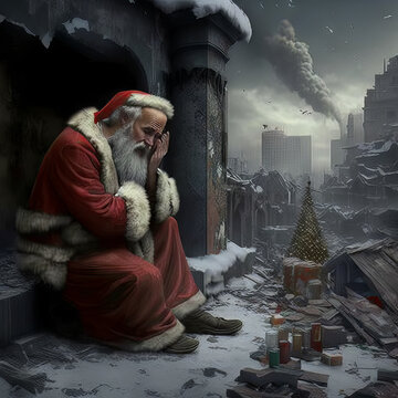 Drawing of santa claus upset and disappointed in bombarded ukraine city crying in disbelief of the devestation and shelling