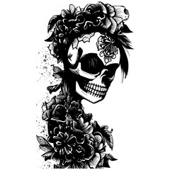 skull and rose tattoos for females hand drawn vector black and white clip art