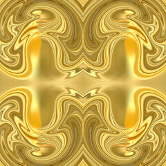 Seamless symmetrical yellow background with round patterns. Abstraction of liquid gold. Rounded textures with sinuous lines. 3D image.
