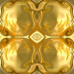 Seamless symmetrical background with a golden round figure. An abstraction made of liquid gold. Rounded textures with sinuous lines. 3D image.
