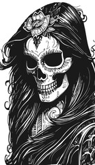 Obraz premium sugar skull female drawing hand drawn vector black and white clip art