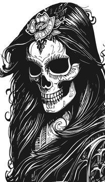 sugar skull female drawing hand drawn vector black and white clip art