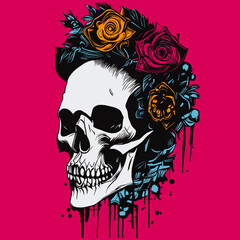 feminine skull with roses hand drawn vector colored clip art