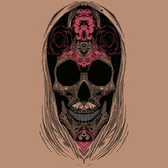 feminine sugar skull girl tattoo hand drawn vector colored clip art