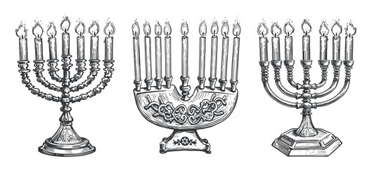 Jewish menorah with burning candles sketch. Religious symbol of Judaism. Vintage vector illustration - obrazy, fototapety, plakaty