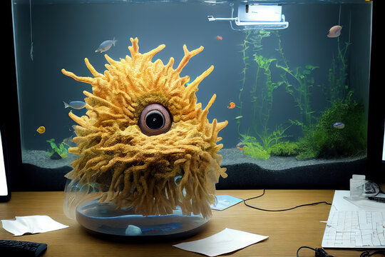 Weird Ameba Or Virus Like Alien Creature With A Huge Eye, Super Cute, And Weird Fur Grows As A Pet In A Business Office In Front Of An Aquarium, Surrealism