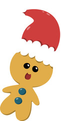 Cute gingerbread in red santa hat in cartoon design, flat illustration png