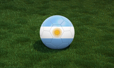 Soccer ball with Argentina flag colors at a stadium on green grasses background. 3D illustration.