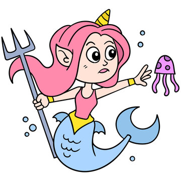 Editable vector of a mermaid with a horn and pink hair holding a spear playing with a jellyfish