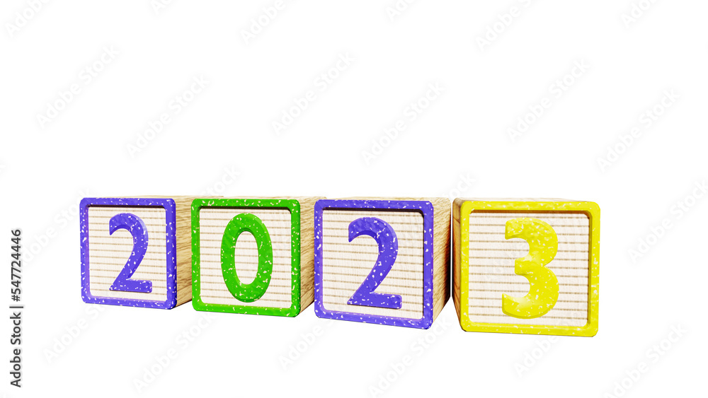Poster 2023, happy new year, 2023 blocks numbers 3d rendering png file transparent background