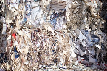 Wastepaper compact texture pile for recycling on sorting plant. Technology of reuse materials. Stack of shredded paper. Save the planet ecology concept. Industry of reduced pollution factory. Close-up