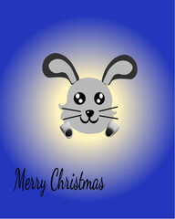 Gray Rabbit on the blue fon with text Marry Christmas