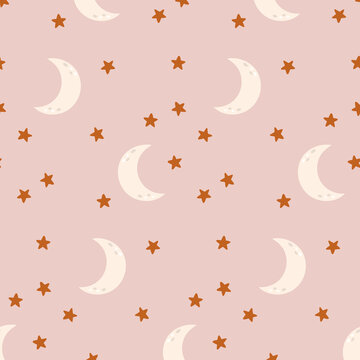 Crescent moon and stars  seamless pattern