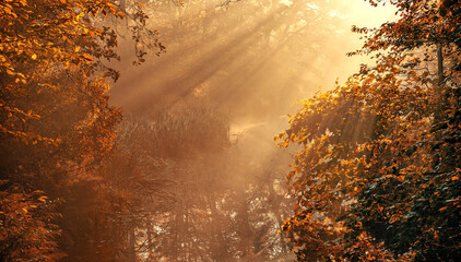 Mgła i promienie słońca, jesienny krajobraz