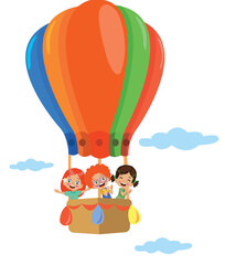 cute happy kids riding balloon