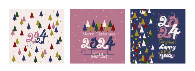Fototapeta premium 2024 Happy New Year posters set. Creative concept of design templates with typography logo 2024 for celebration and season decoration. Vector trendy backgrounds for branding, cover, card, banner.