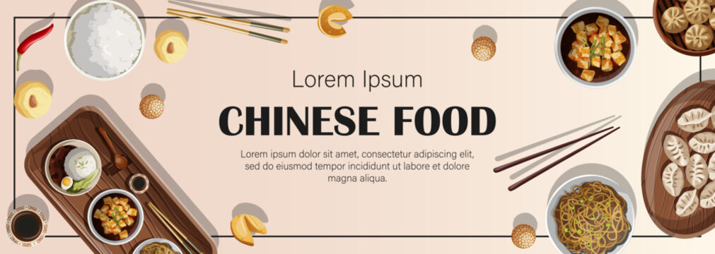 Template flyer design. Vector illustration of Chinese food and copy-space isolated on light. Sale banner, poster, coupon, brochure, menu, card concept.