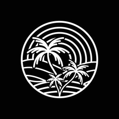 minimalist vector circle logo with beautiful ocean waves and coconut trees