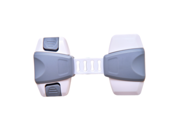 Doors of white cabinets blocked from children, no people, isolated on a white background. Lock furniture drawers from toddler baby, nobody