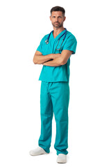 Male doctor standing with arms folded