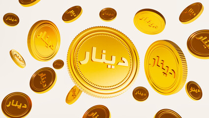 3d render of gold dinar Coins money falling down on white background, - obrazy, fototapety, plakaty