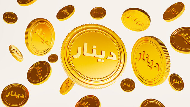 3d render of gold dinar Coins money falling down on white background,