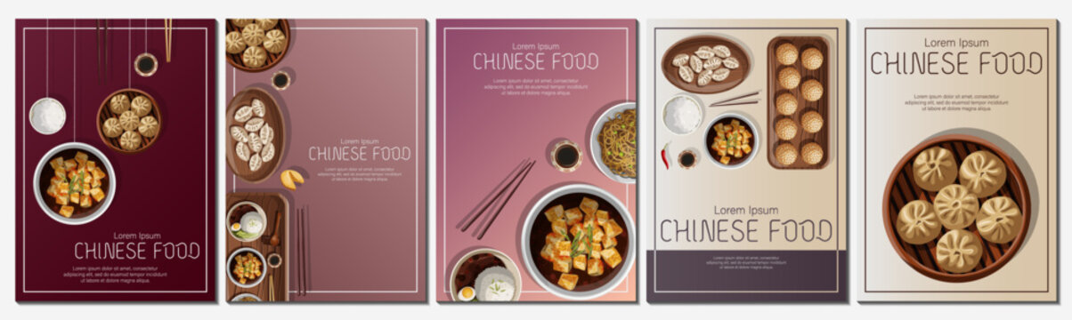 Set of templates banner design. Vector illustration of Chinese food and copy-space isolated on A4 posters. Flyer, promotion, menu, cover,card concept.