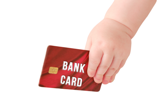 Baby toddler boy holds a credit card in his hand, isolated on a white background. Child with a bank plastic card, close-up