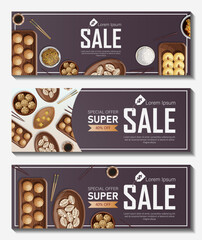 Set of templates sale banner design. Vector illustration of Chinese food and copy-space isolated on purple. Flyer, poster, coupon, brochure, menu, card concept.
