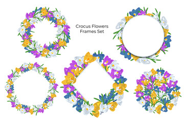 Obraz na płótnie Canvas Romantic hand drawn crocus flowers wreaths set. Floral frames. Stock vector illustration.