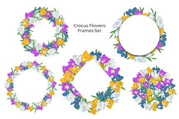 Romantic hand drawn crocus flowers wreaths set. Floral frames. Stock vector illustration.