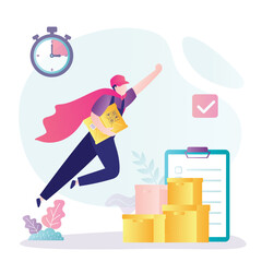 Delivery man looking like super hero flies through the sky. Male worker with parcels. Courier deliver packages to client on schedule, punctuality, just in time. Logistic, shipment.