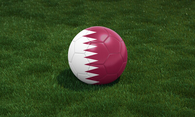 Soccer ball with Qatar flag colors at a stadium on green grasses background. 3D illustration.