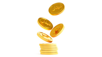 3D render of Islamic dinar coins standing near of stacked golden coins. gold dinar isolated on white background - obrazy, fototapety, plakaty