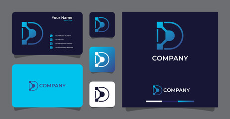 Letter D and technology logo with business card template premium vector