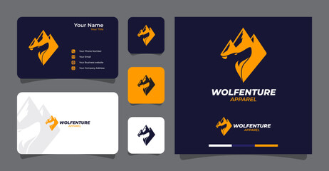 Wolf head and mountain adventure logo with business card template premium vector
