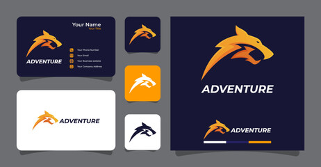 Wolf head incorporated with lightning adventure logo with business card template premium vector
