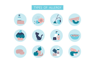 Icons set, different types of allergens, design isolated on white background. Allergic reaction to various products -  food, pollen, animal hair, household chemicals.